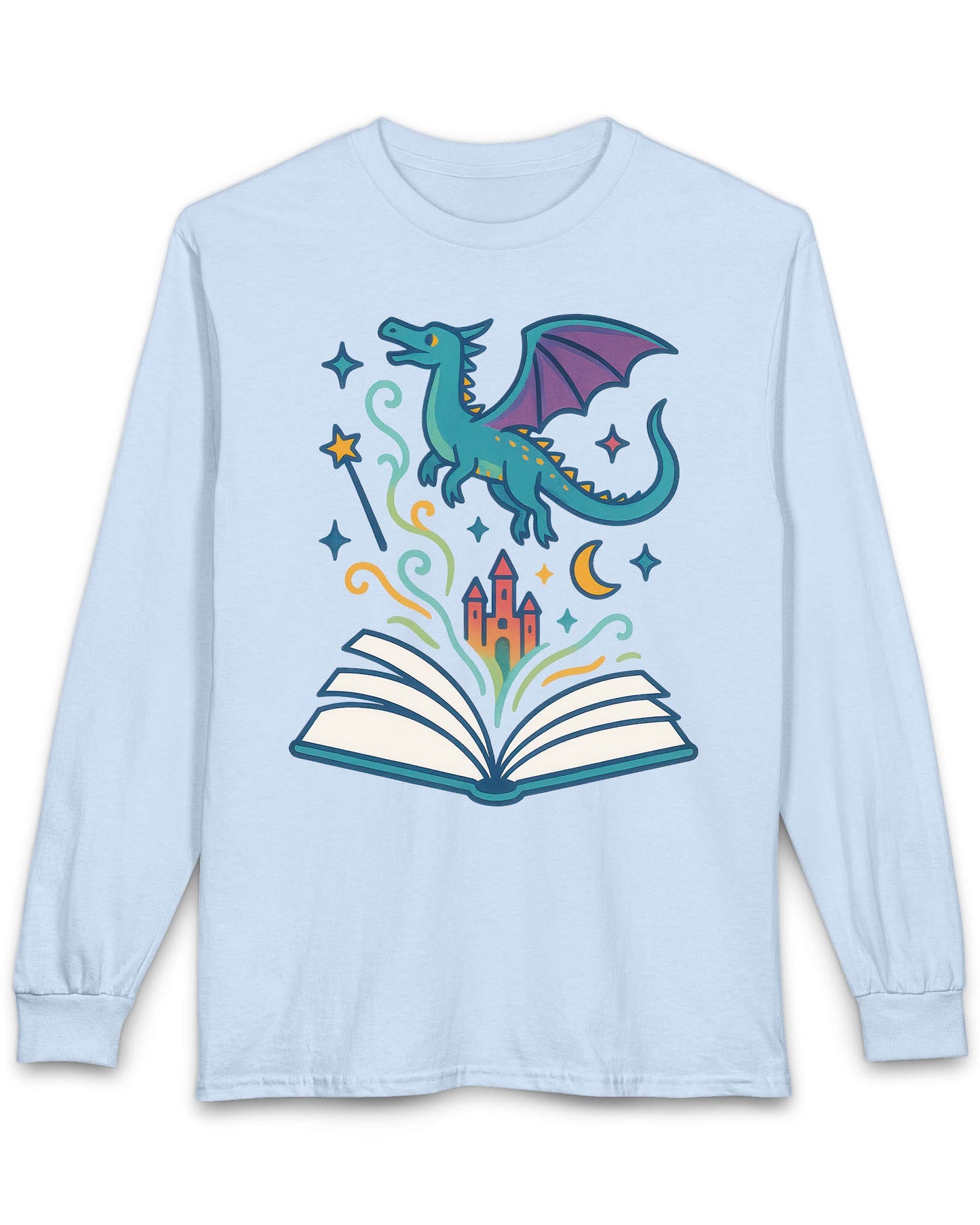 The Story Takes Flight shirt in light blue featuring a blue dragon flying from an open book with magic and a castle