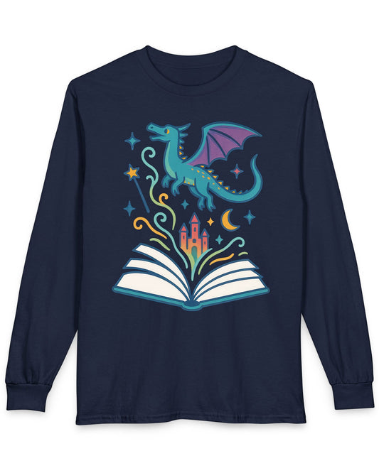 The Story Takes Flight shirt in navy featuring a blue dragon flying from an open book with magic and a castle