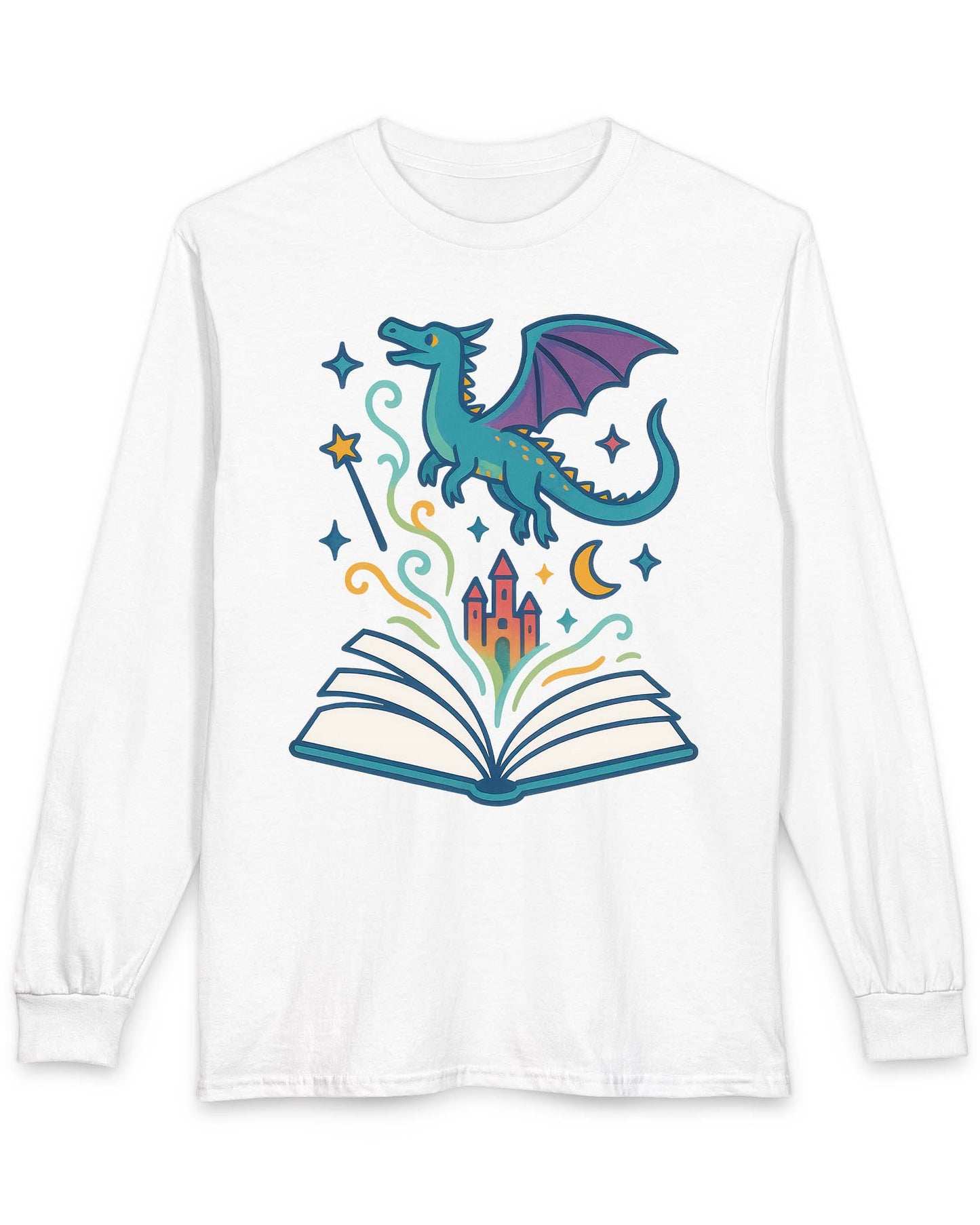 The Story Takes Flight shirt in white featuring a blue dragon flying from an open book with magic and a castle