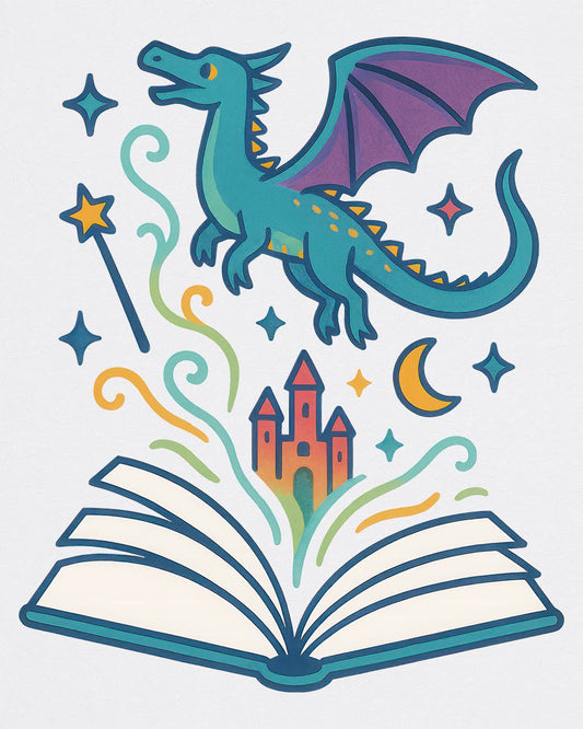The Story Takes Flight shirt in white featuring a blue dragon flying from an open book with magic and a castle.