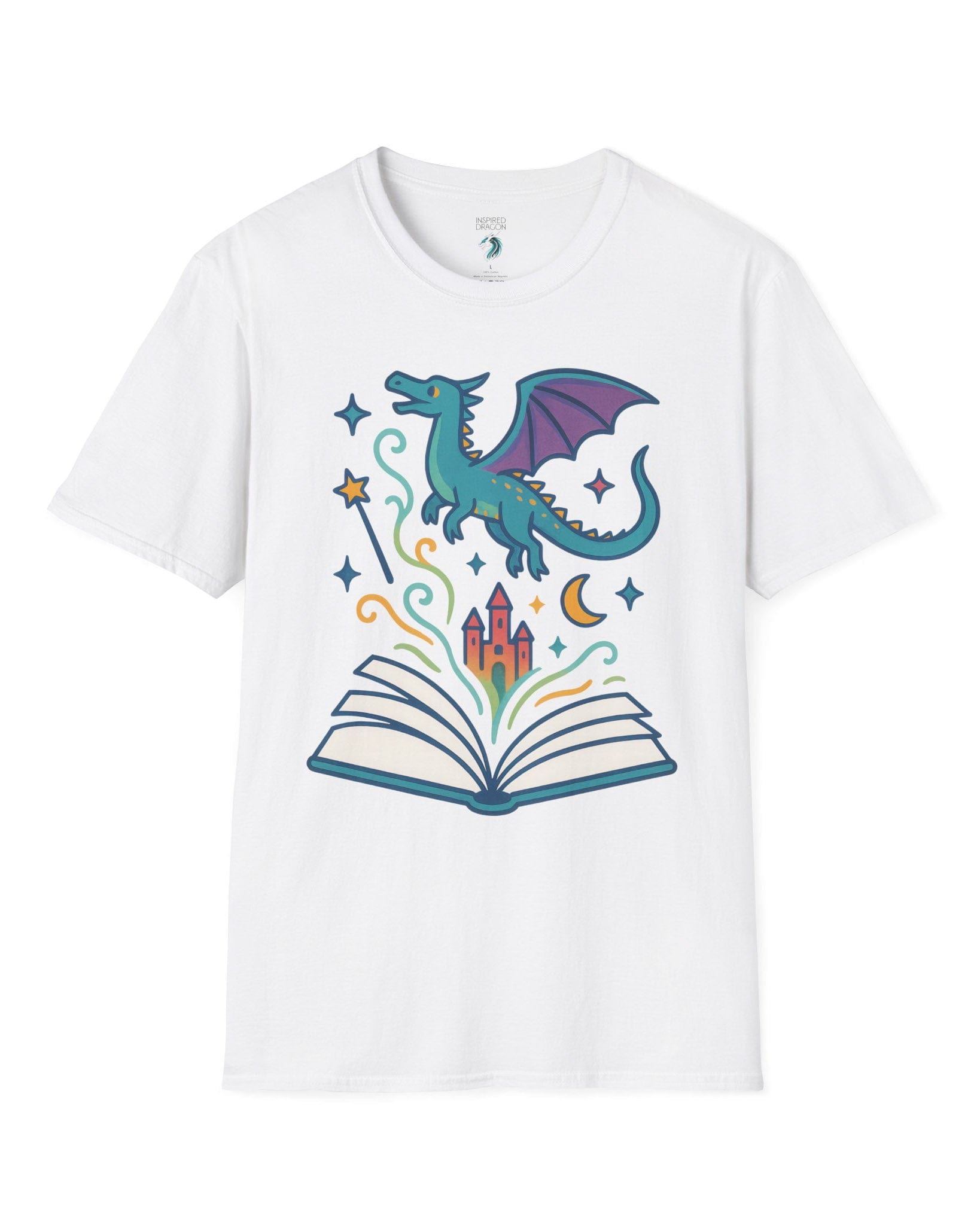 The Story Takes Flight shirt in white featuring a blue dragon flying from an open book with magic and a castle.
