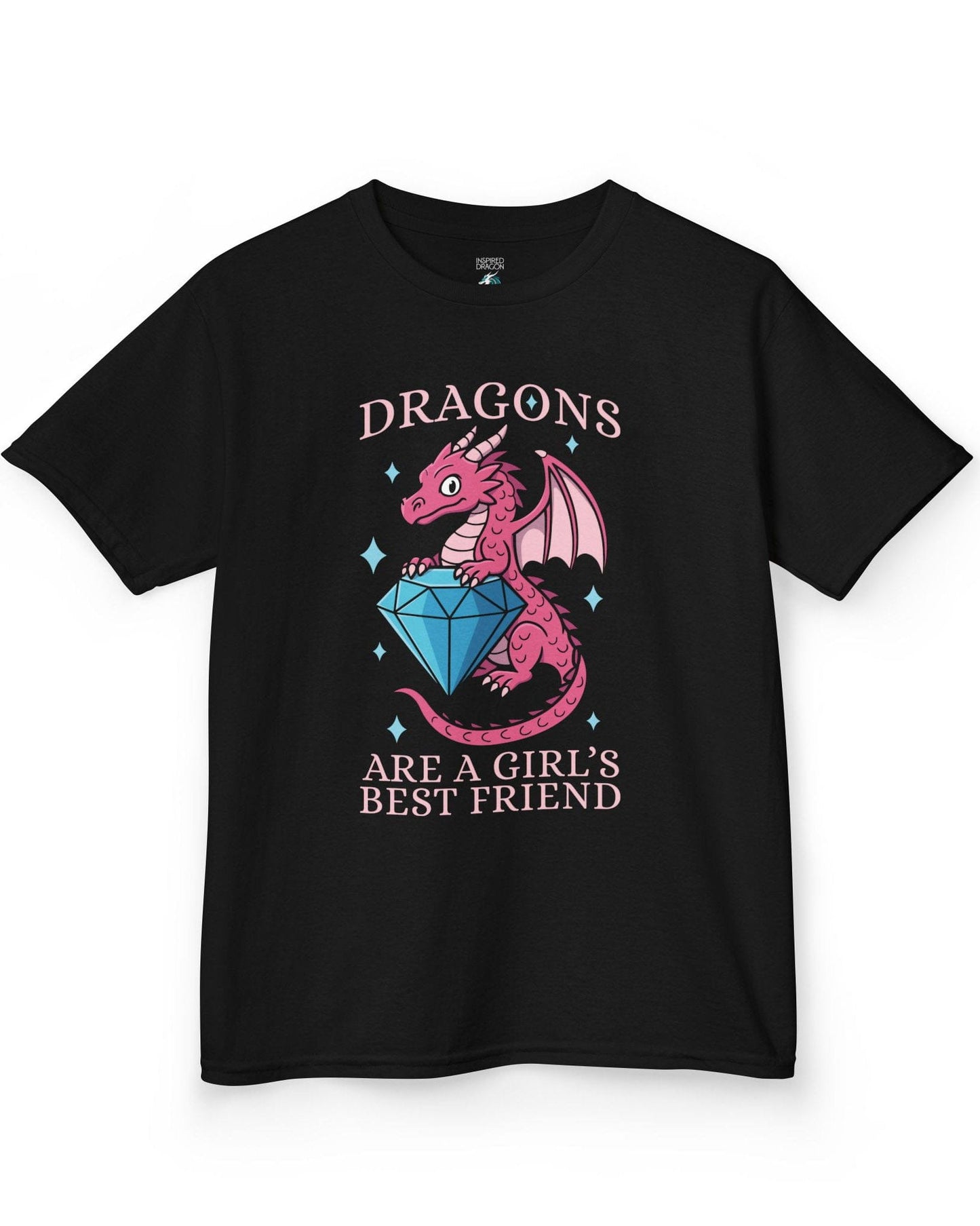 Dragons Are a Girl's Best Friend shirt in black featuring a pink dragon holding a large diamond with sparkle accents.