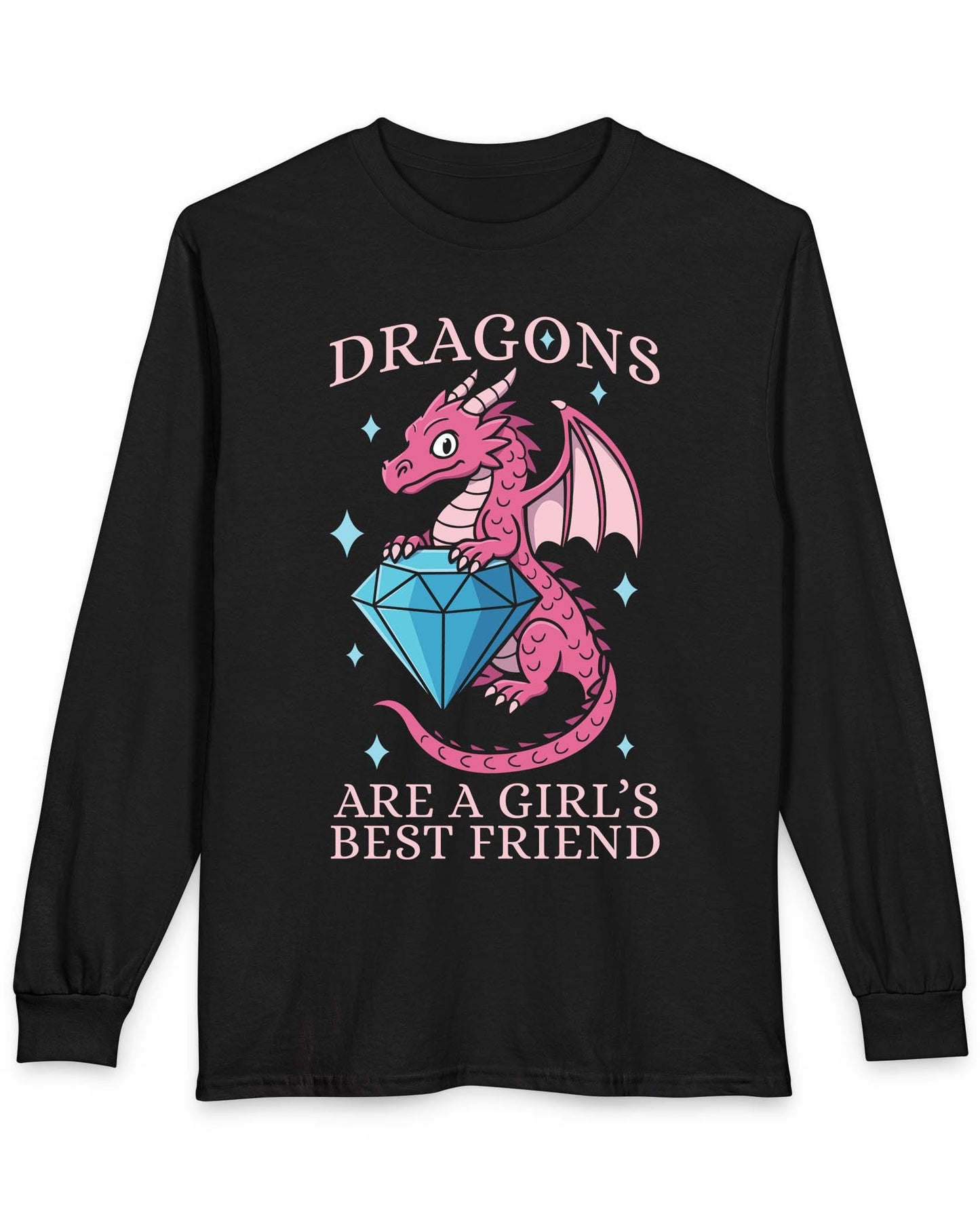 Dragons Are a Girl's Best Friend shirt in black featuring a pink dragon holding a large diamond with sparkle accents.