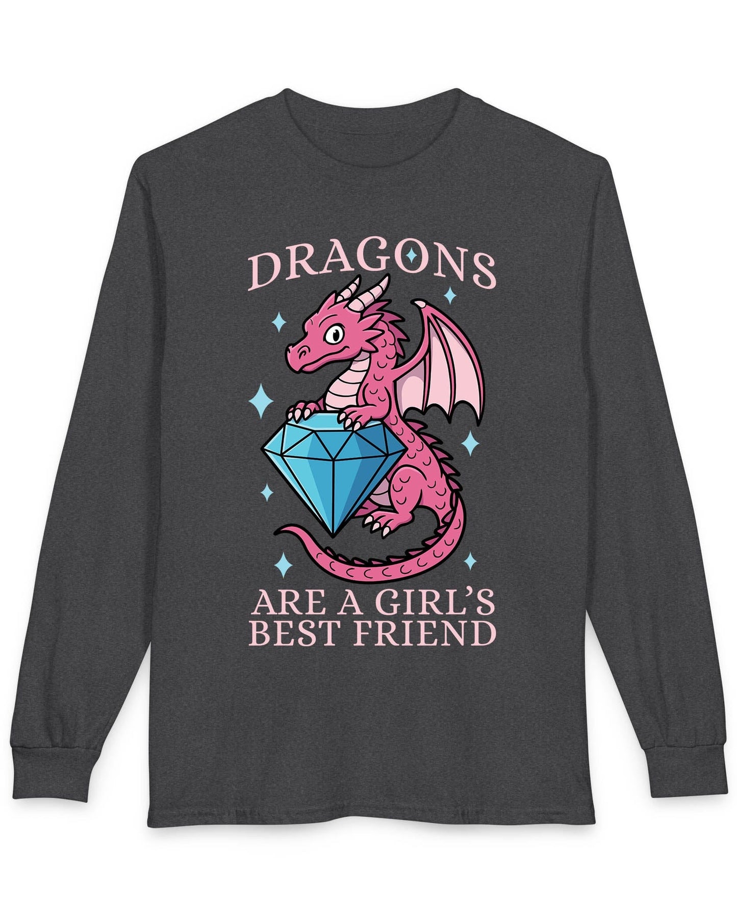 Dragons Are a Girl's Best Friend shirt in dark heather featuring a pink dragon holding a large diamond with sparkle accents.