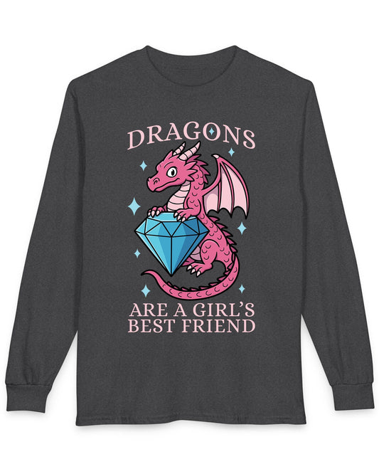 Dragons Are a Girl's Best Friend shirt in dark heather featuring a pink dragon holding a large diamond with sparkle accents.