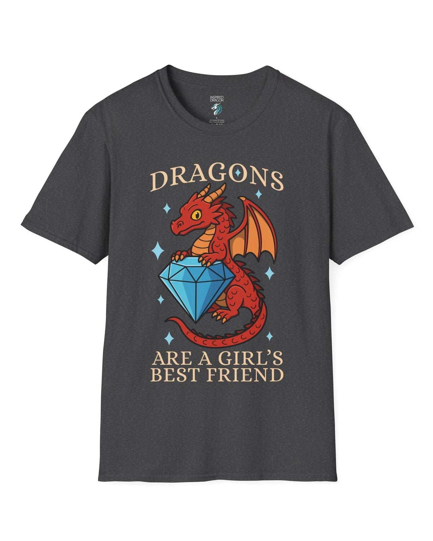 Dragons Are a Girl's Best Friend shirt in dark heather featuring a red dragon holding a large diamond with sparkling accents.
