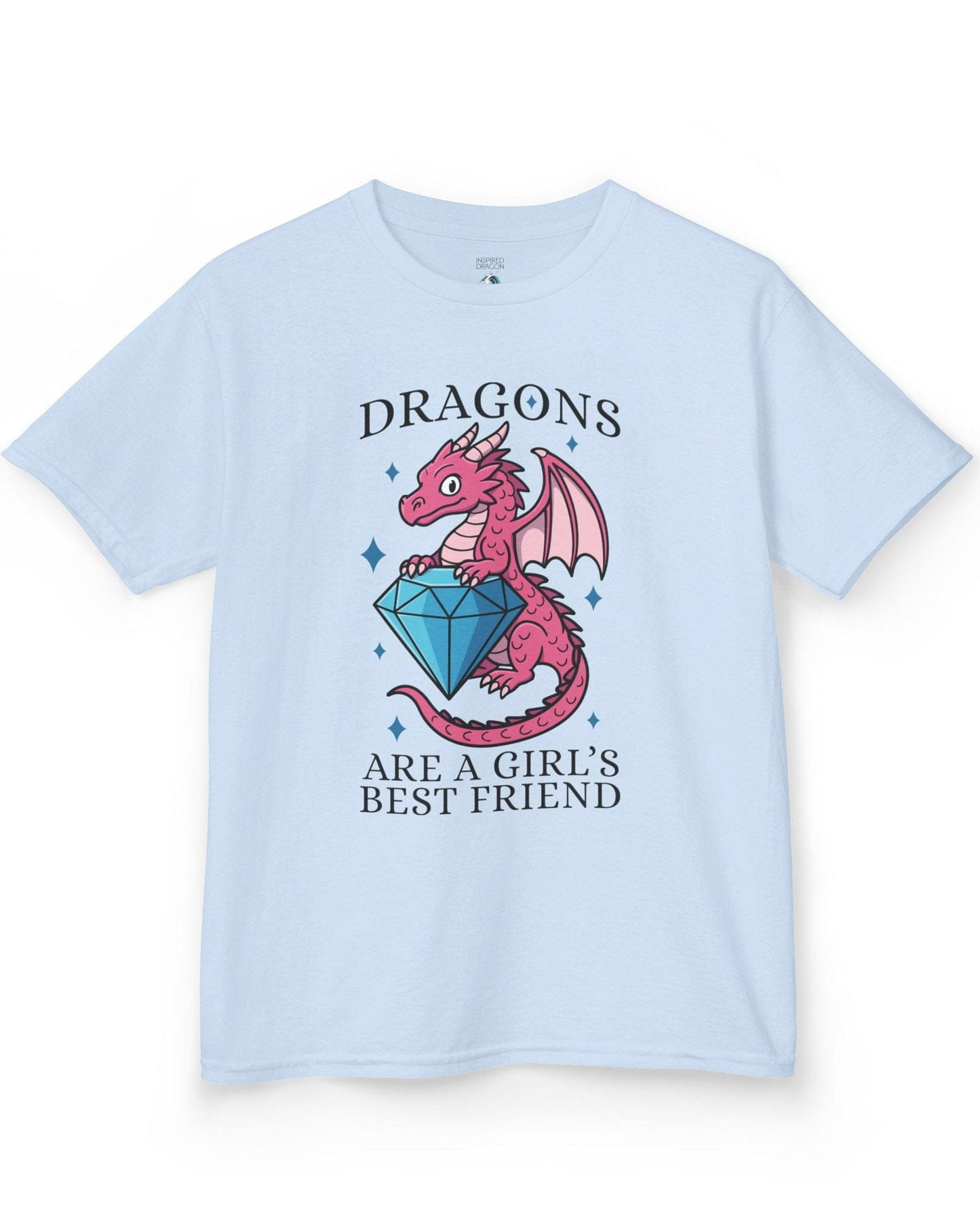 Dragons Are a Girl's Best Friend shirt in light blue featuring a pink dragon holding a large diamond with sparkle accents.