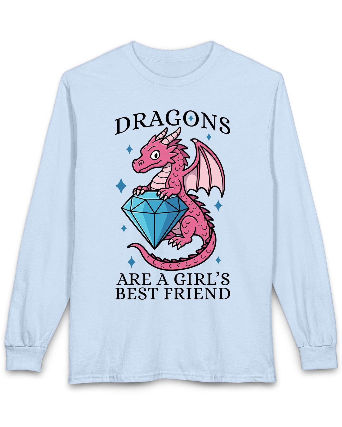 Dragons Are a Girl's Best Friend shirt in light blue featuring a pink dragon holding a large diamond with sparkle accents.