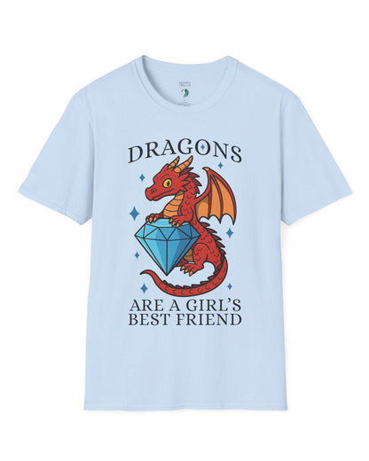 Dragons Are a Girl's Best Friend shirt in light blue featuring a red dragon holding a large diamond with sparkling accents.
