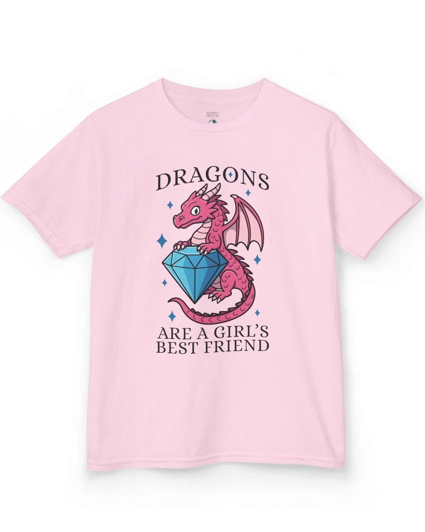 Dragons Are a Girl's Best Friend shirt in light pink featuring a pink dragon holding a large diamond with sparkle accents.