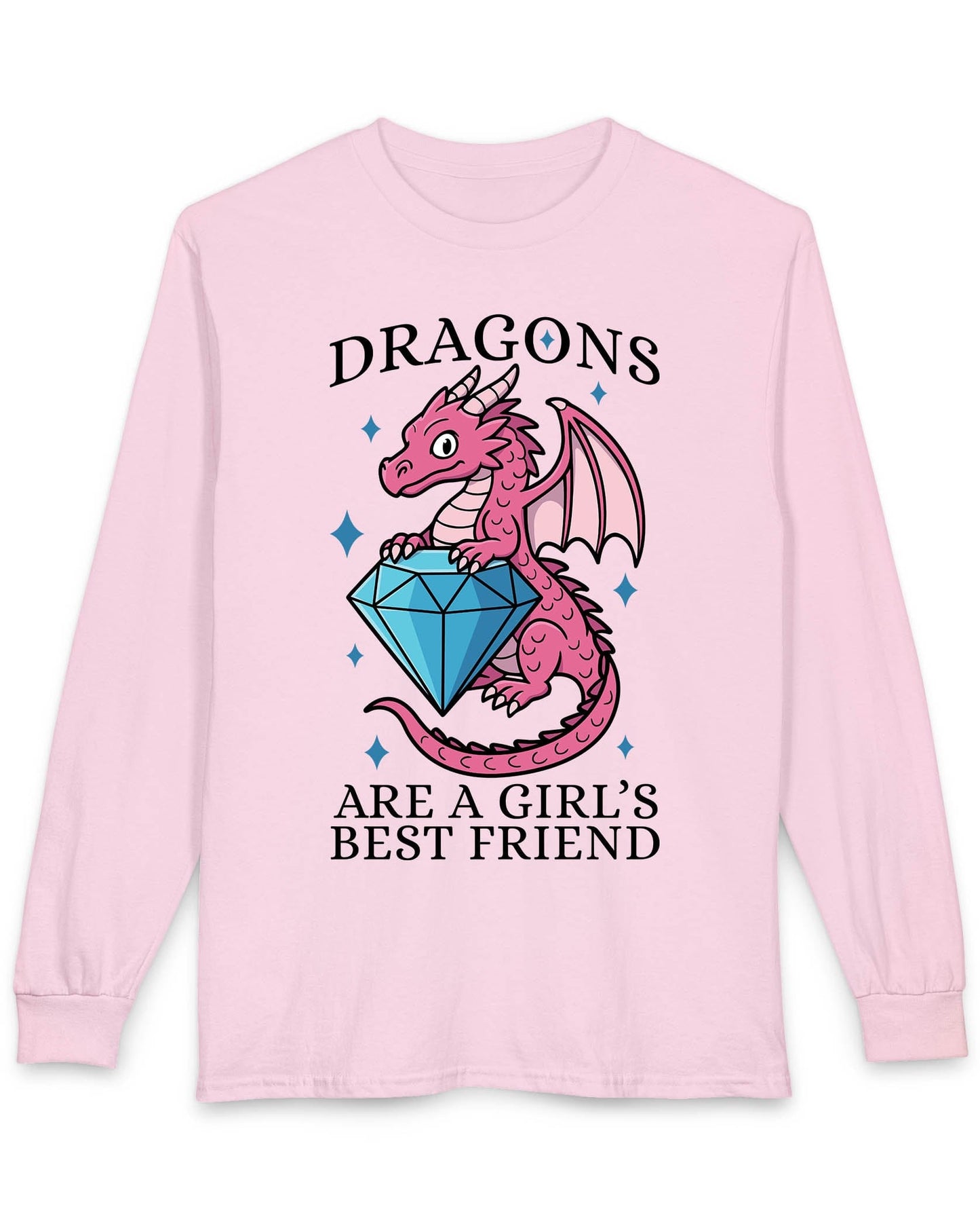 Dragons Are a Girl's Best Friend shirt in light blue featuring a pink dragon holding a large diamond with sparkle accents.