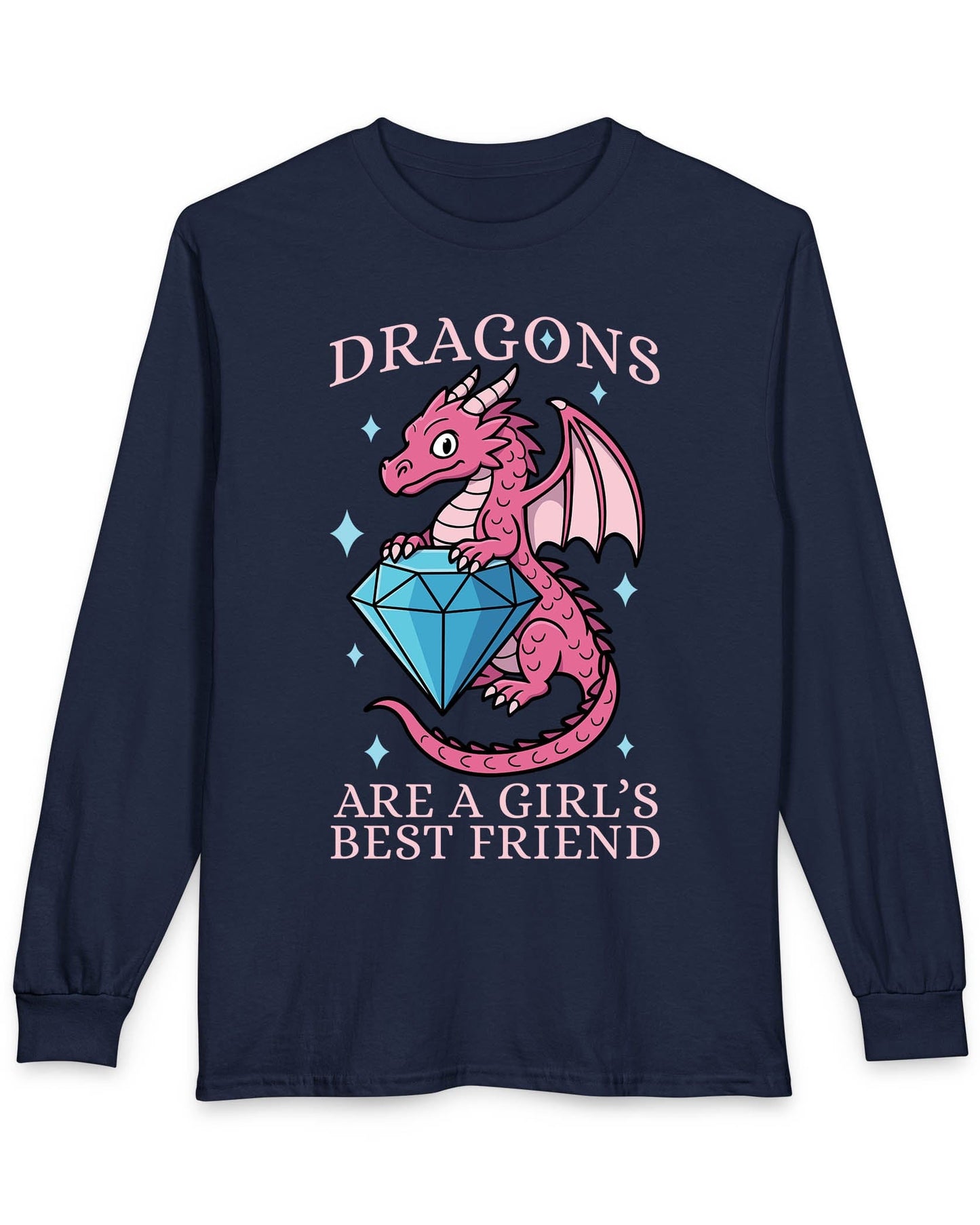 Dragons Are a Girl's Best Friend shirt in navy featuring a pink dragon holding a large diamond with sparkle accents.