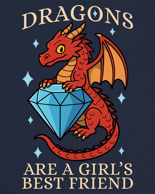 Dragons Are a Girl's Best Friend shirt in navy featuring a red dragon holding a large diamond with sparkling accents.