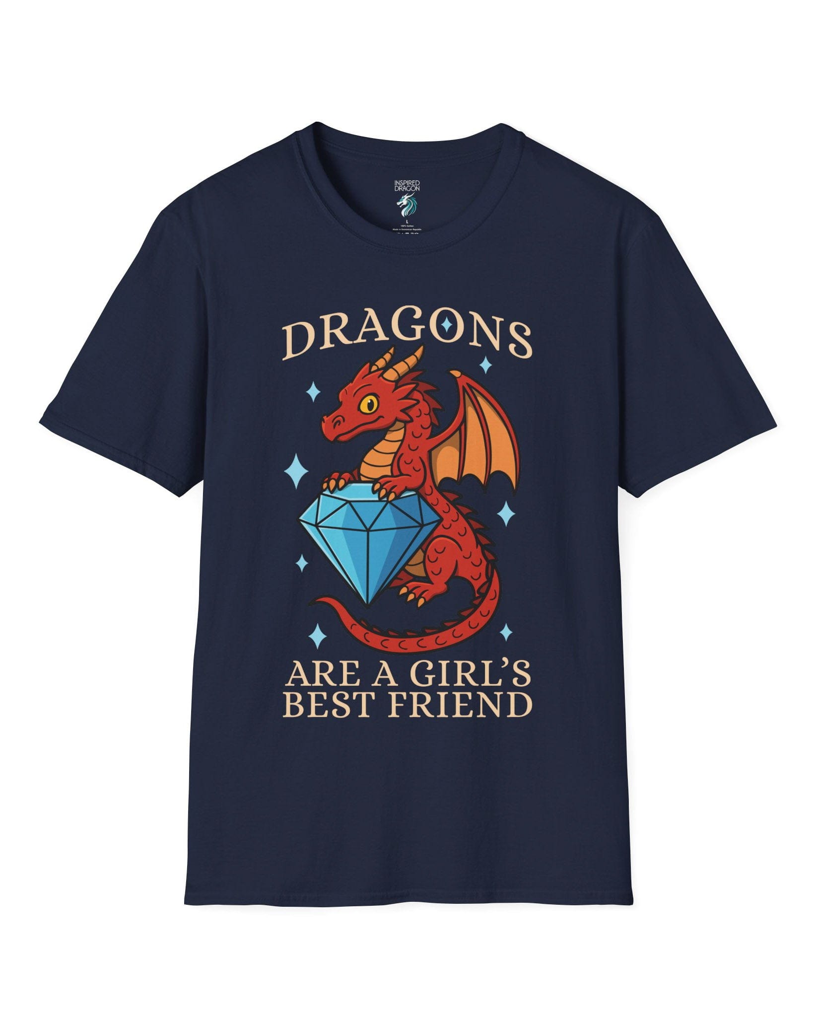 Dragons Are a Girl's Best Friend shirt in navy featuring a red dragon holding a large diamond with sparkling accents.
