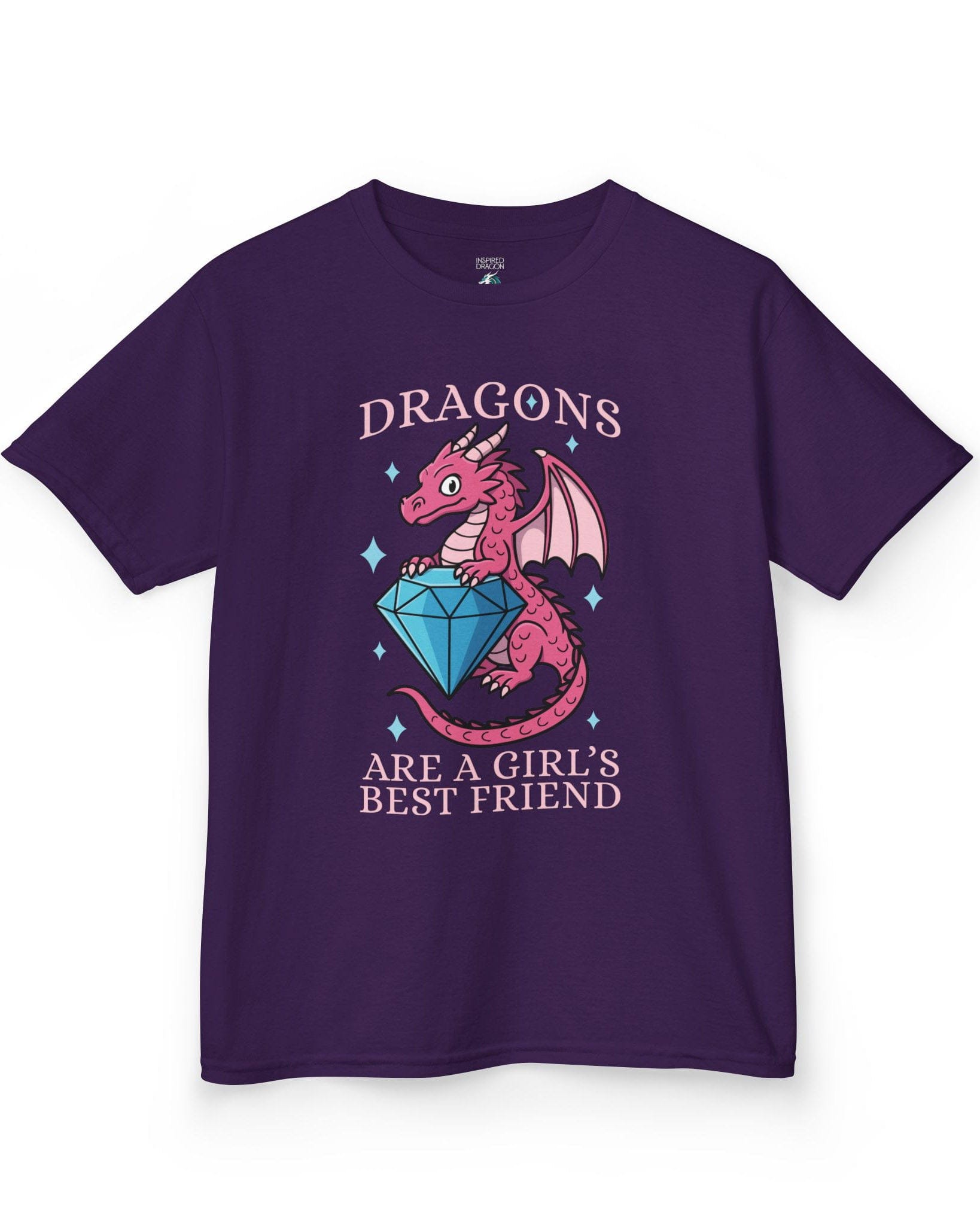Dragons Are a Girl's Best Friend shirt in purple featuring a pink dragon holding a large diamond with sparkle accents.