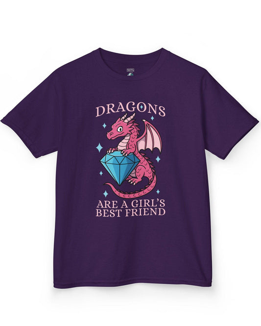 Dragons Are a Girl's Best Friend shirt in purple featuring a pink dragon holding a large diamond with sparkle accents.
