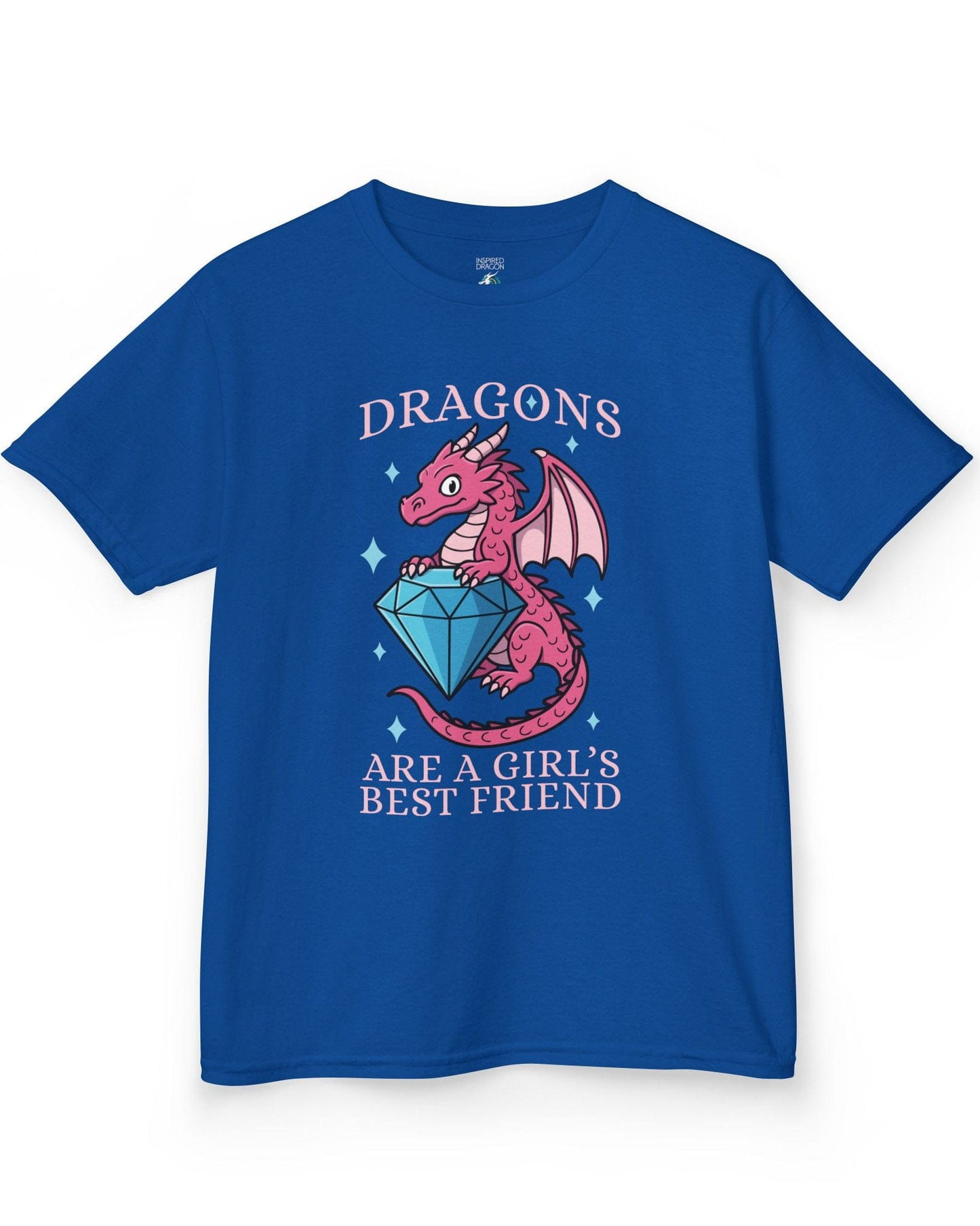 Dragons Are a Girl's Best Friend shirt in royal blue featuring a pink dragon holding a large diamond with sparkle accents.