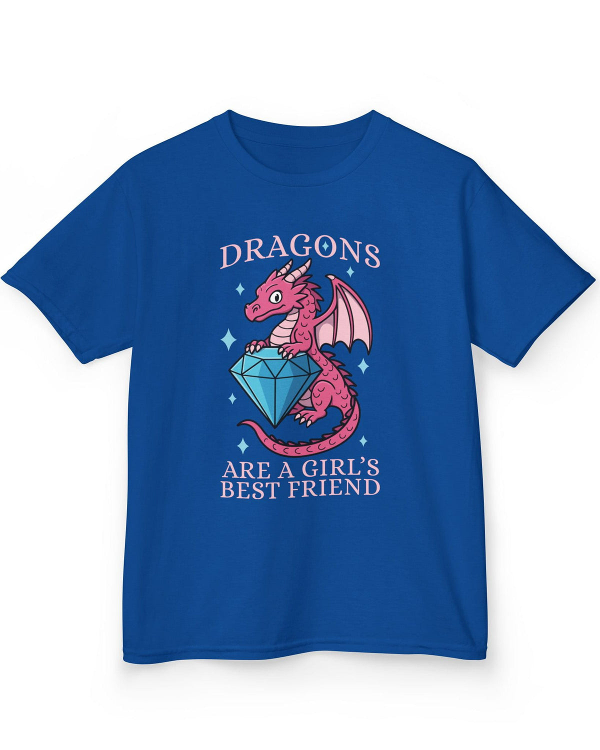 Dragons Are a Girl's Best Friend shirt in royal blue featuring a pink dragon holding a large diamond with sparkle accents.