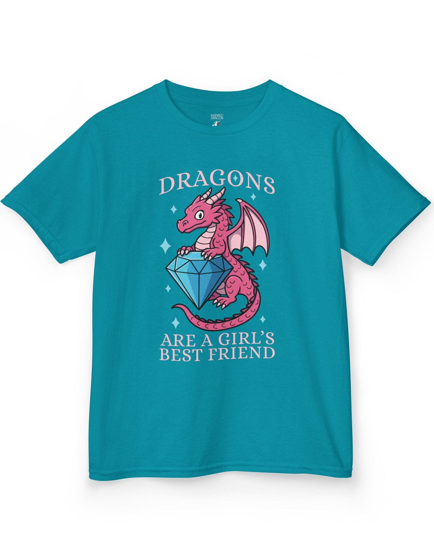 Dragons Are a Girl's Best Friend shirt in tropical blue featuring a pink dragon holding a large diamond with sparkle accents.