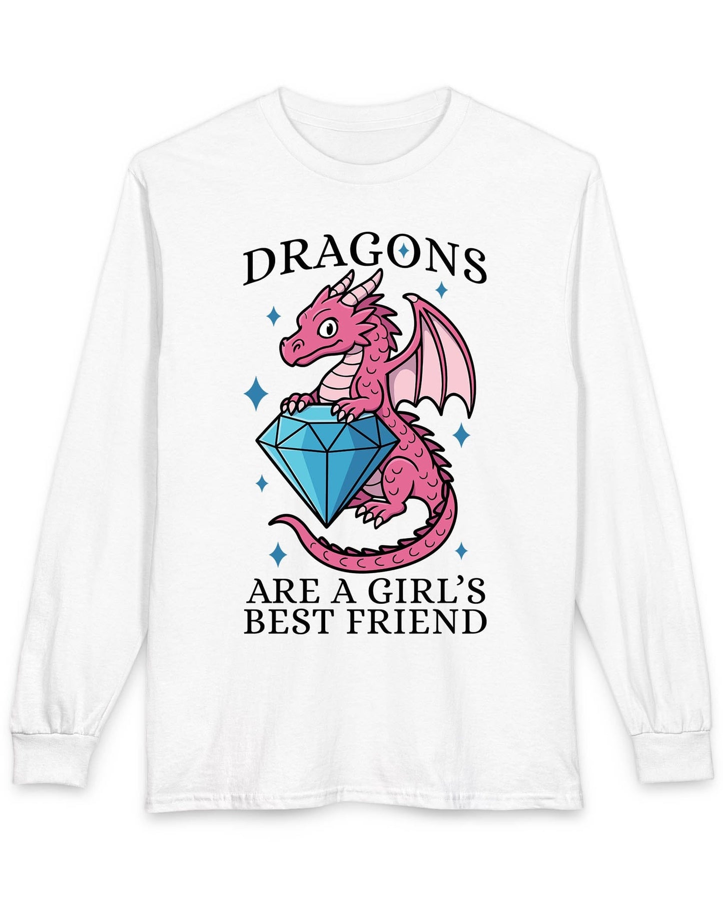 Dragons Are a Girl's Best Friend shirt in white featuring a pink dragon holding a large diamond with sparkle accents.
