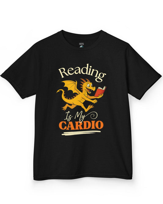 Reading Is My Cardio shirt in black, featuring a cheerful yellow dragon running with an open red book.