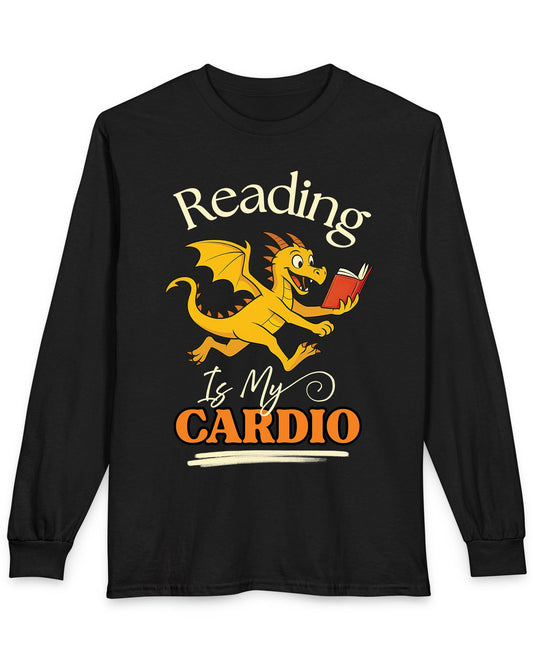 Reading Is My Cardio shirt in black featuring a cheerful yellow dragon running with an open red book