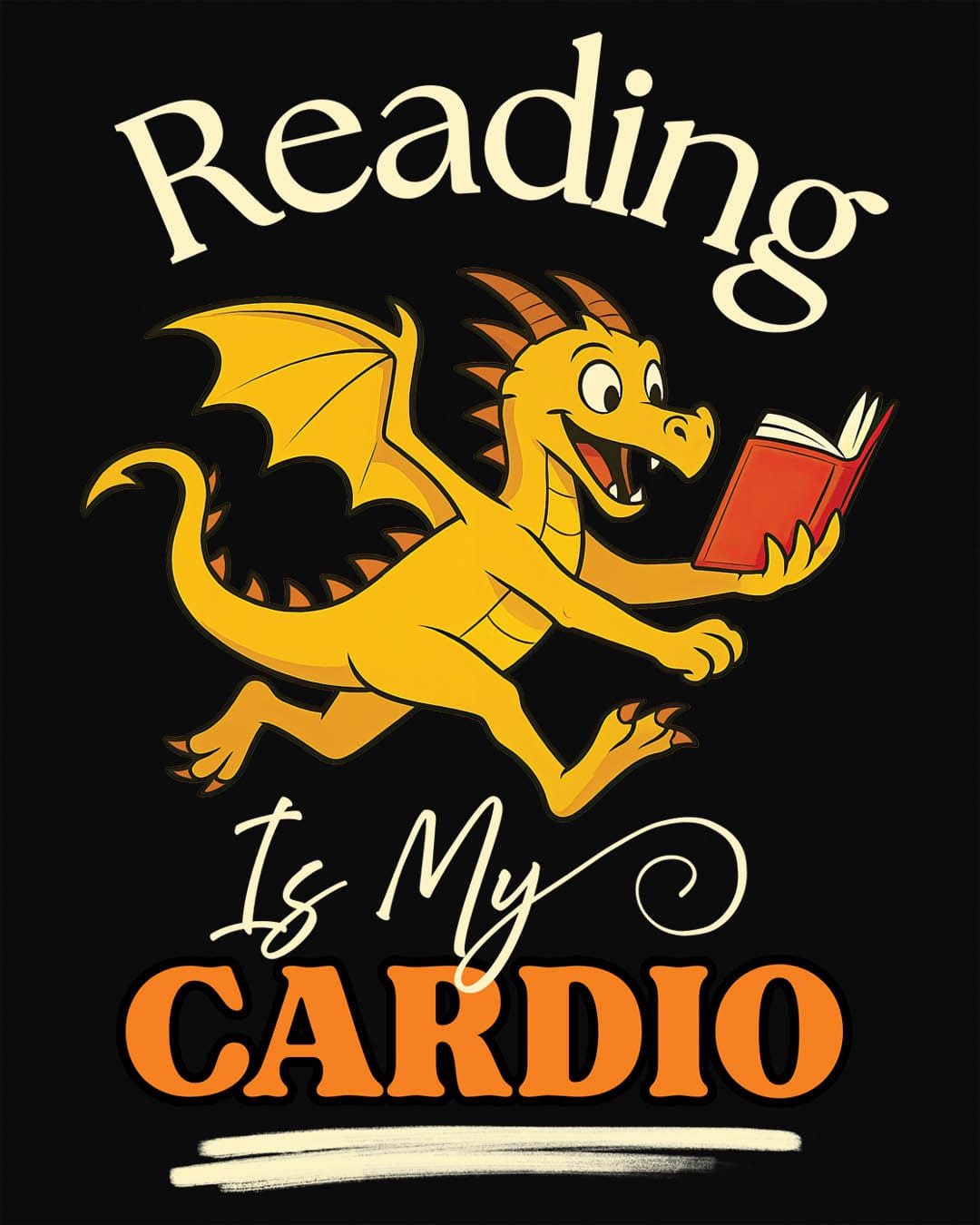 Reading Is My Cardio shirt in black, featuring a cheerful yellow dragon running with an open red book.