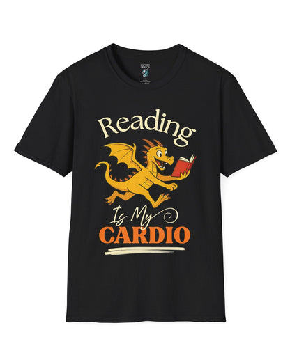 Reading Is My Cardio shirt in black, featuring a cheerful yellow dragon running with an open red book.
