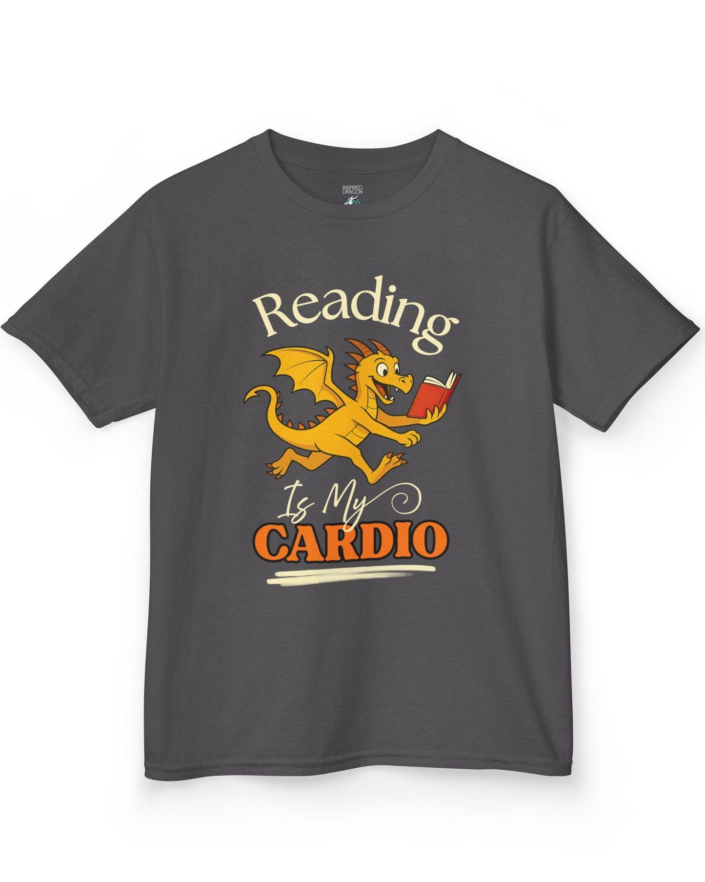 Reading Is My Cardio shirt in charcoal, featuring a cheerful yellow dragon running with an open red book.