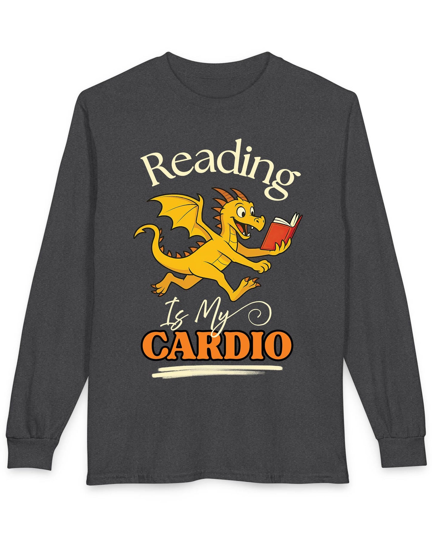 Reading Is My Cardio shirt in dark heather featuring a cheerful yellow dragon running with an open red book