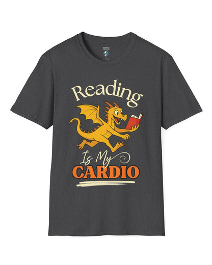 Reading Is My Cardio shirt in dark heather grey, featuring a cheerful yellow dragon running with an open red book.

