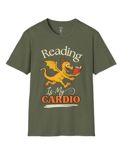 Reading Is My Cardio shirt in military green, featuring a cheerful yellow dragon running with an open red book.
