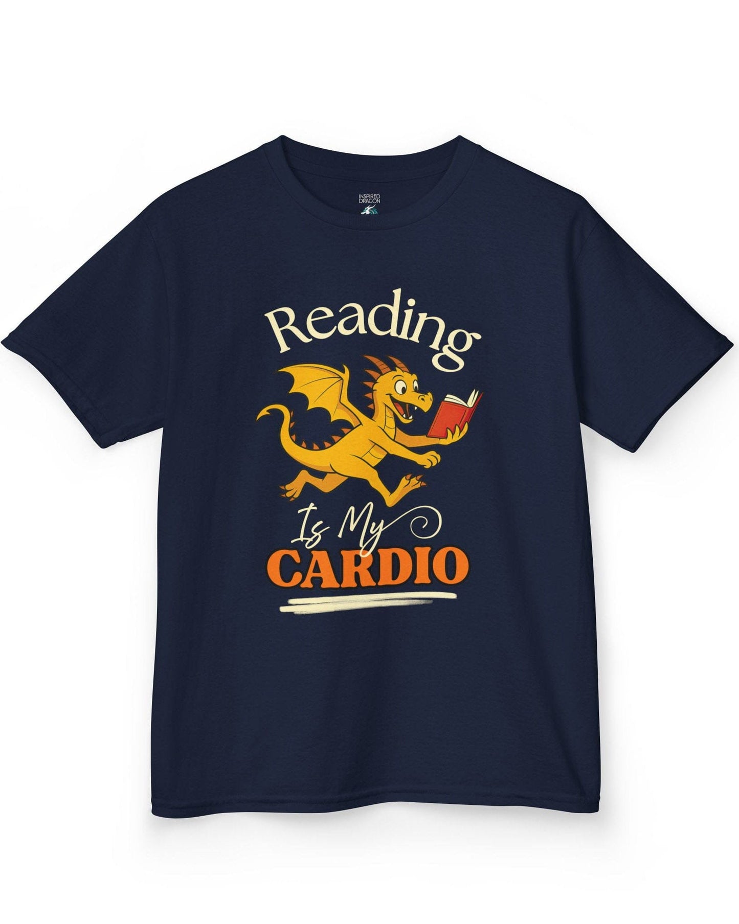 Reading Is My Cardio shirt in navy, featuring a cheerful yellow dragon running with an open red book.