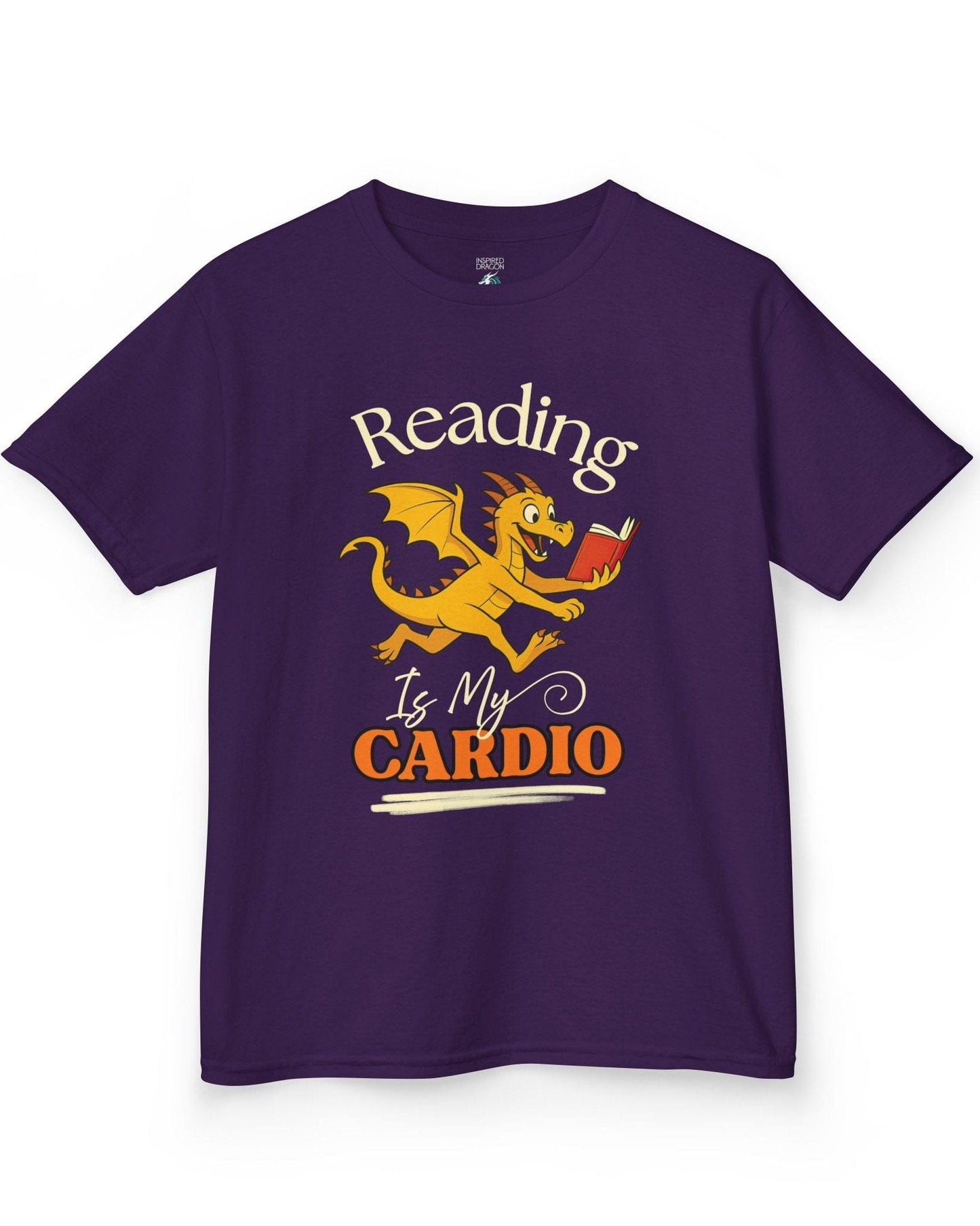 Reading Is My Cardio shirt in purple, featuring a cheerful yellow dragon running with an open red book.