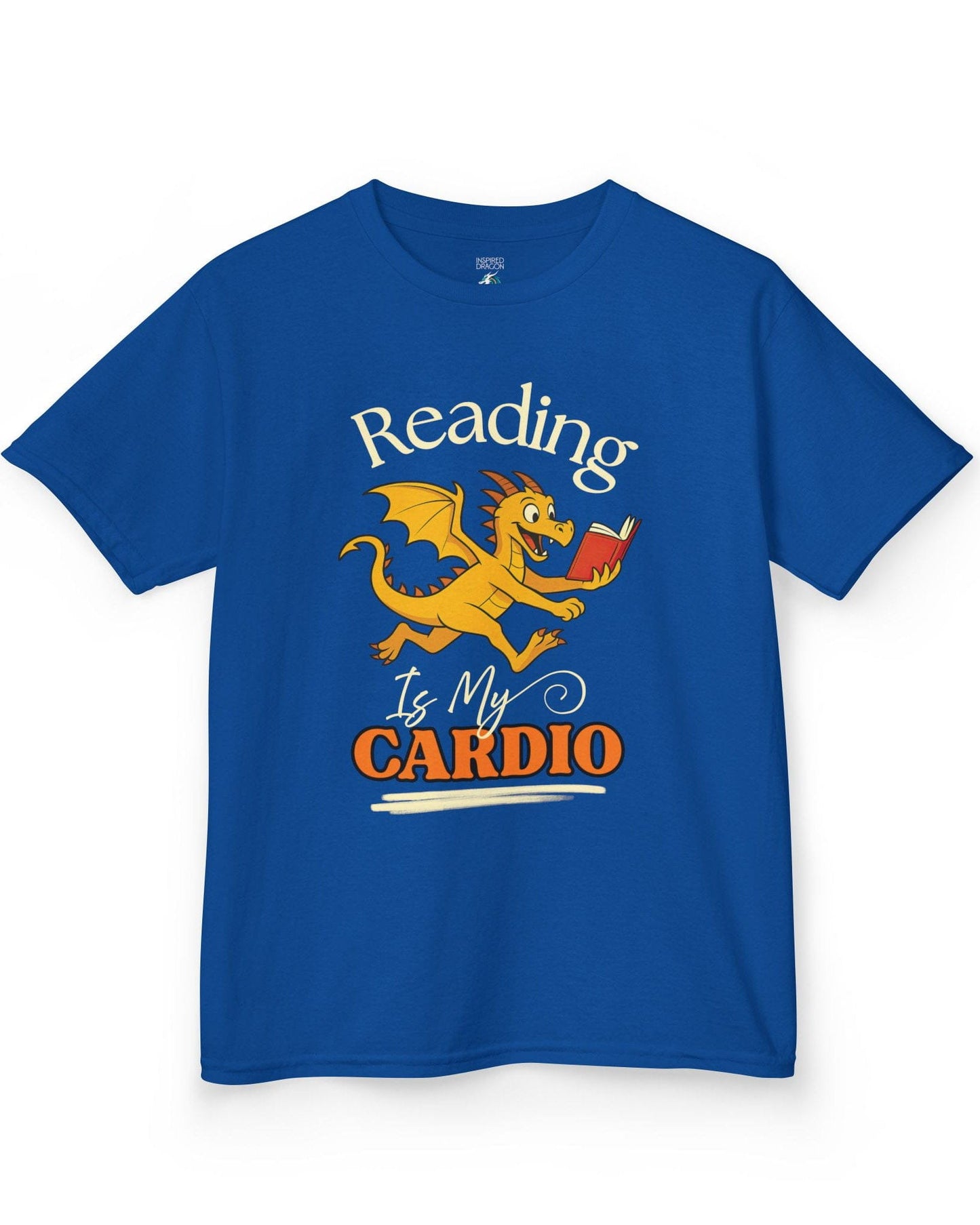 Reading Is My Cardio shirt in royal blue, featuring a cheerful yellow dragon running with an open red book.
