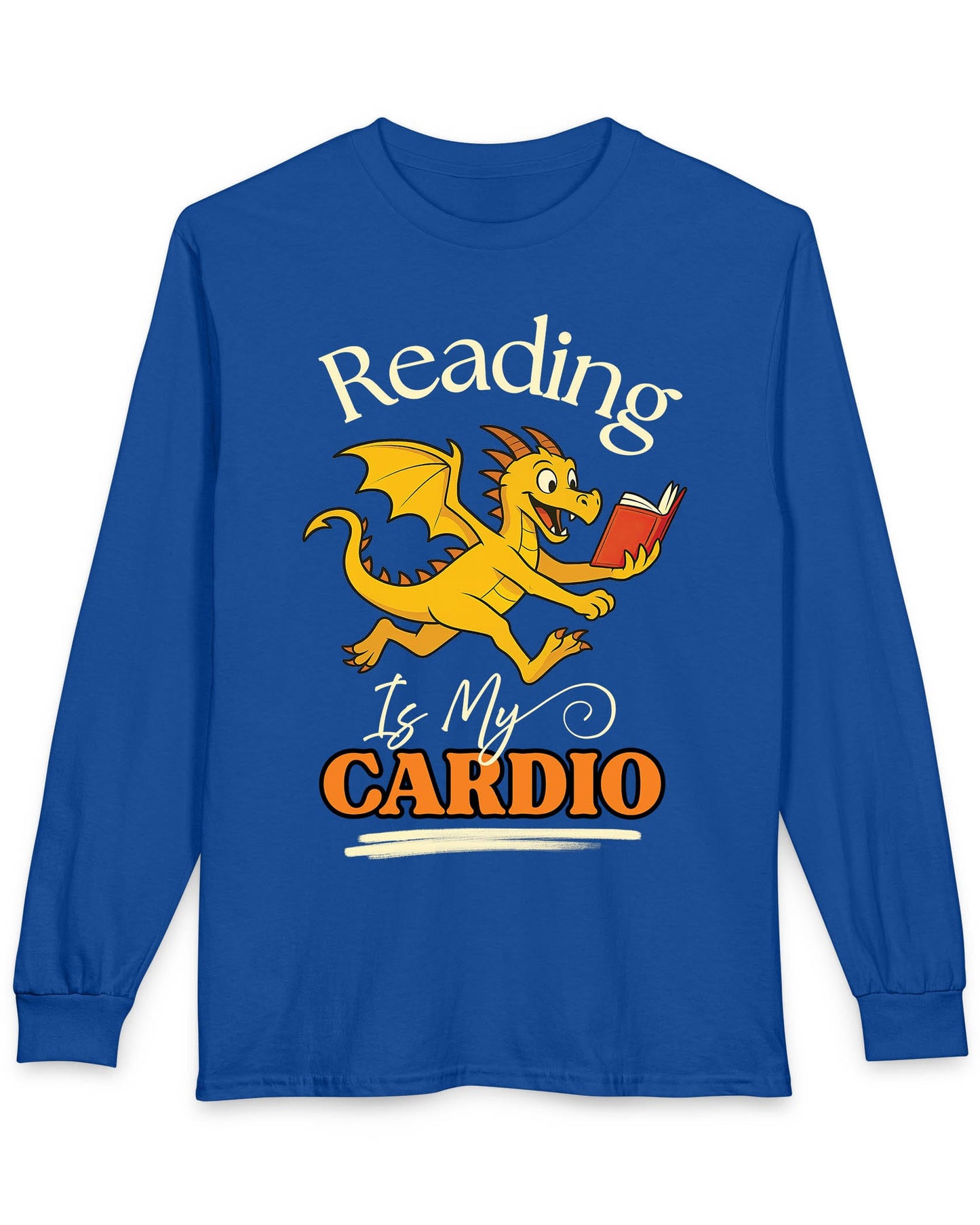 Reading Is My Cardio shirt in royal blue featuring a cheerful yellow dragon running with an open red book