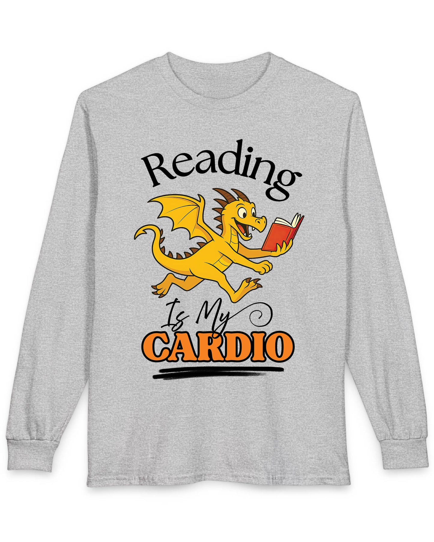 Reading Is My Cardio shirt in sport grey featuring a cheerful yellow dragon running with an open red book