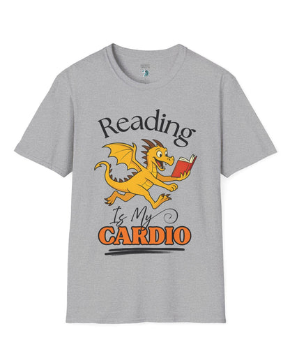 Reading Is My Cardio shirt in sport grey, featuring a cheerful yellow dragon running with an open red book.
