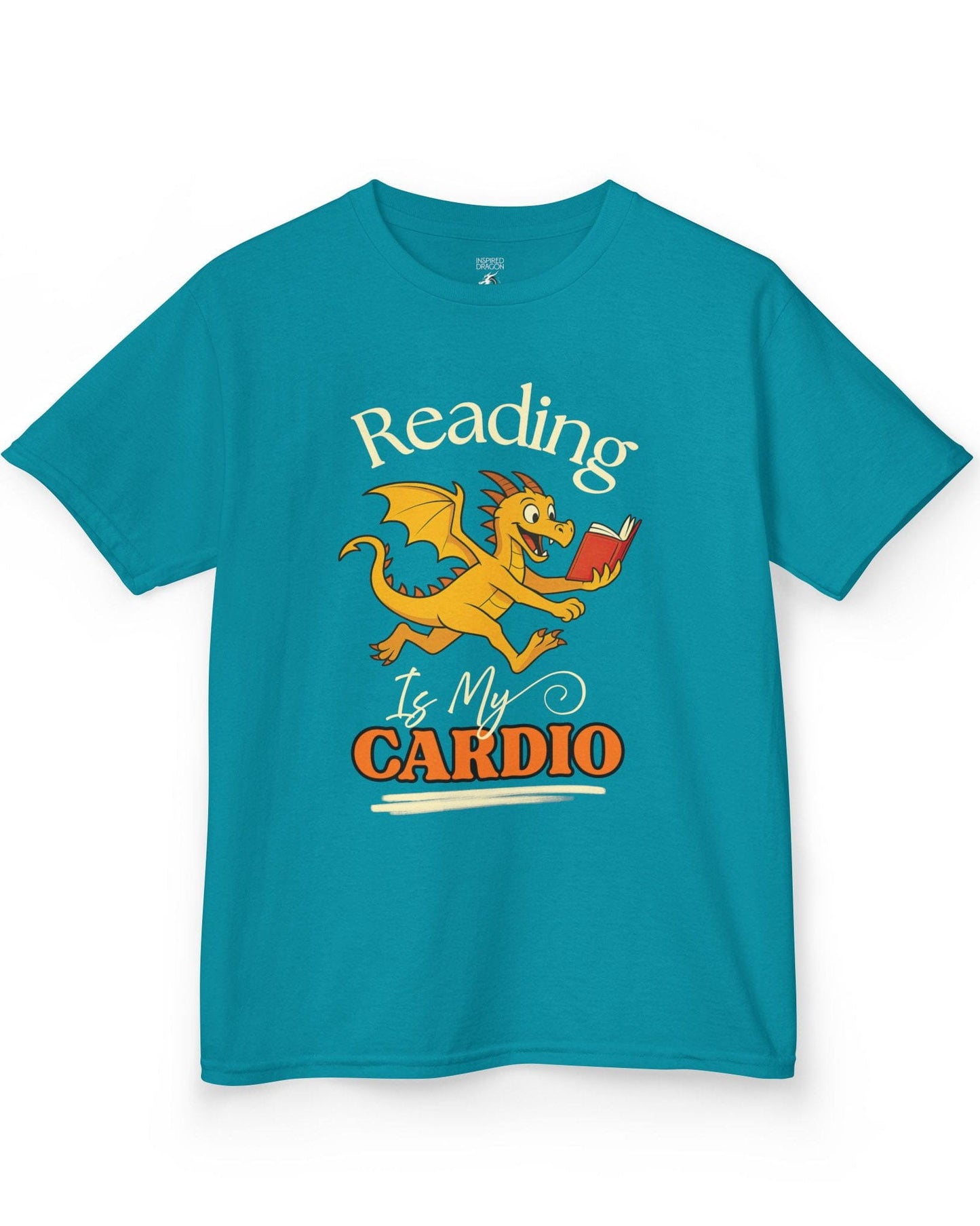Reading Is My Cardio shirt in tropical blue, featuring a cheerful yellow dragon running with an open red book.