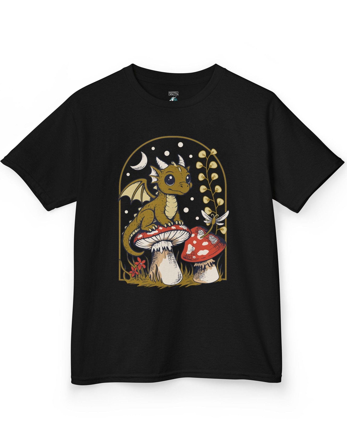 Moonlit Magic shirt in black featuring a wide-eyed dragon sitting on a mushroom beneath a crescent moon.