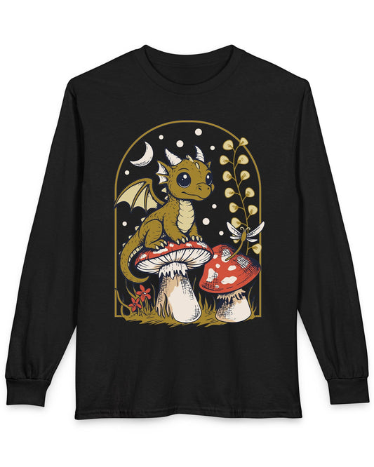 Moonlit Magic shirt in black featuring a wide-eyed dragon sitting on a mushroom beneath a crescent moon.