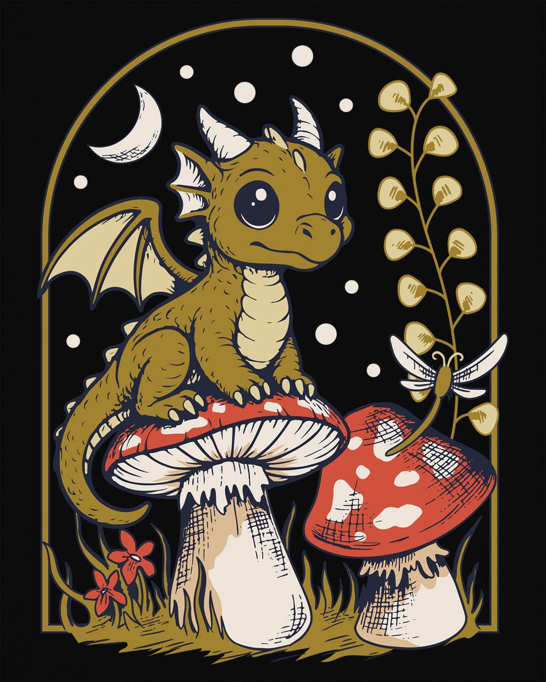 Moonlit Magic shirt in black featuring a wide-eyed dragon sitting on a mushroom beneath a crescent moon.