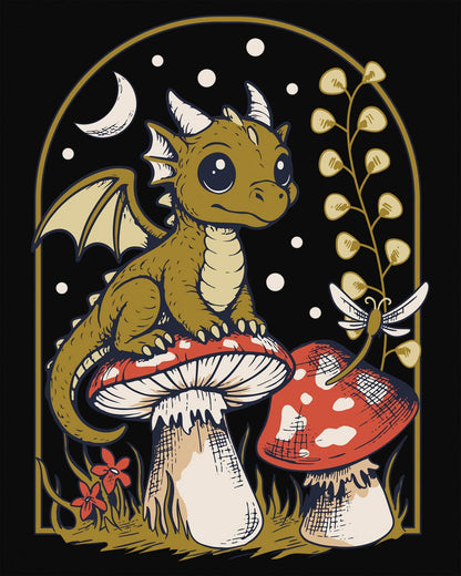 Moonlit Magic shirt in black featuring a wide-eyed dragon sitting on a mushroom beneath a crescent moon.