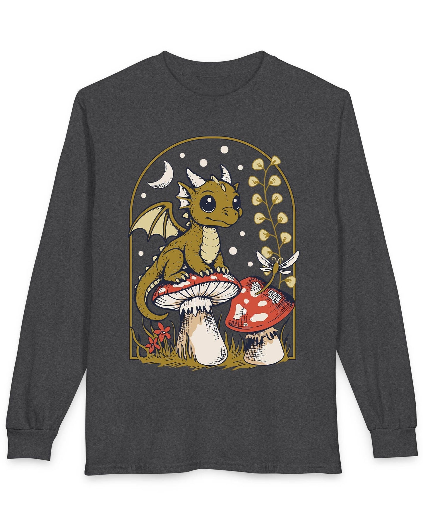 Moonlit Magic shirt in dark heather grey featuring a wide-eyed dragon sitting on a mushroom beneath a crescent moon.