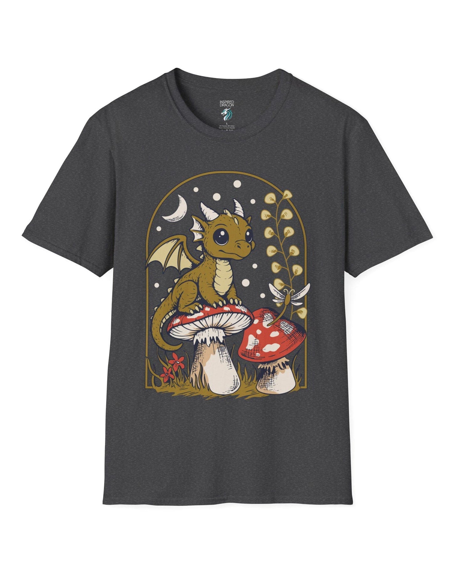 Moonlit Magic shirt in dark heather grey featuring a wide-eyed dragon sitting on a mushroom beneath a crescent moon.
