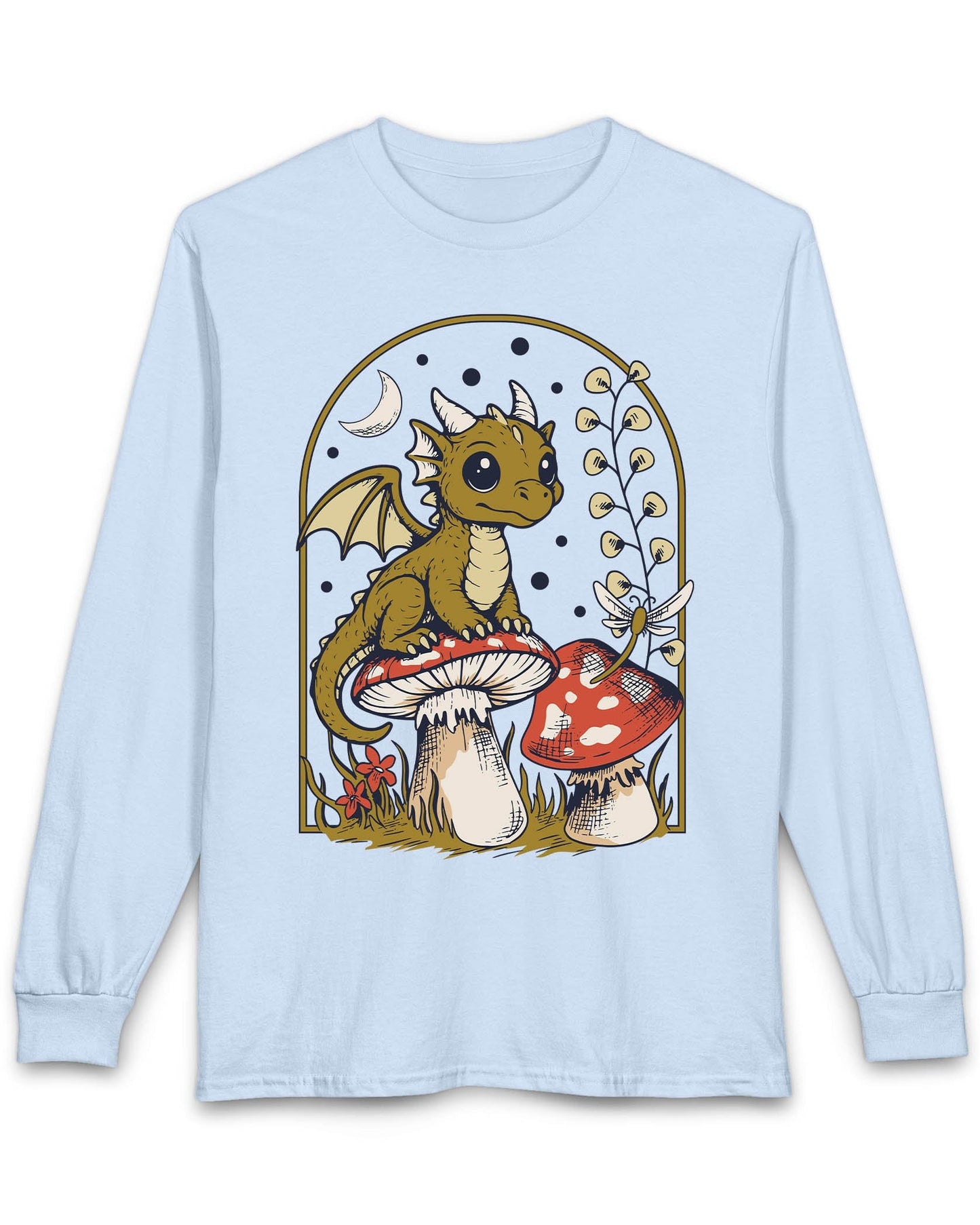 Moonlit Magic shirt in light blue featuring a wide-eyed dragon sitting on a mushroom beneath a crescent moon.