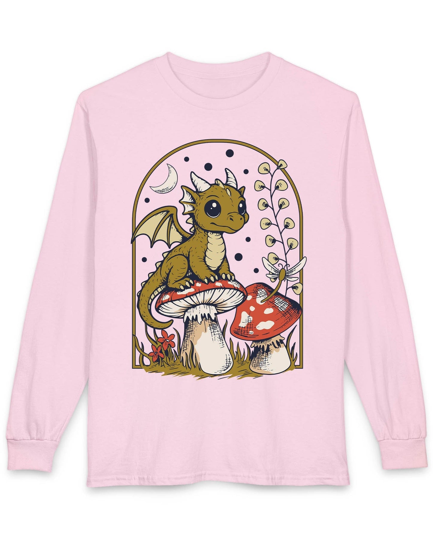 Moonlit Magic shirt in light pink featuring a wide-eyed dragon sitting on a mushroom beneath a crescent moon.