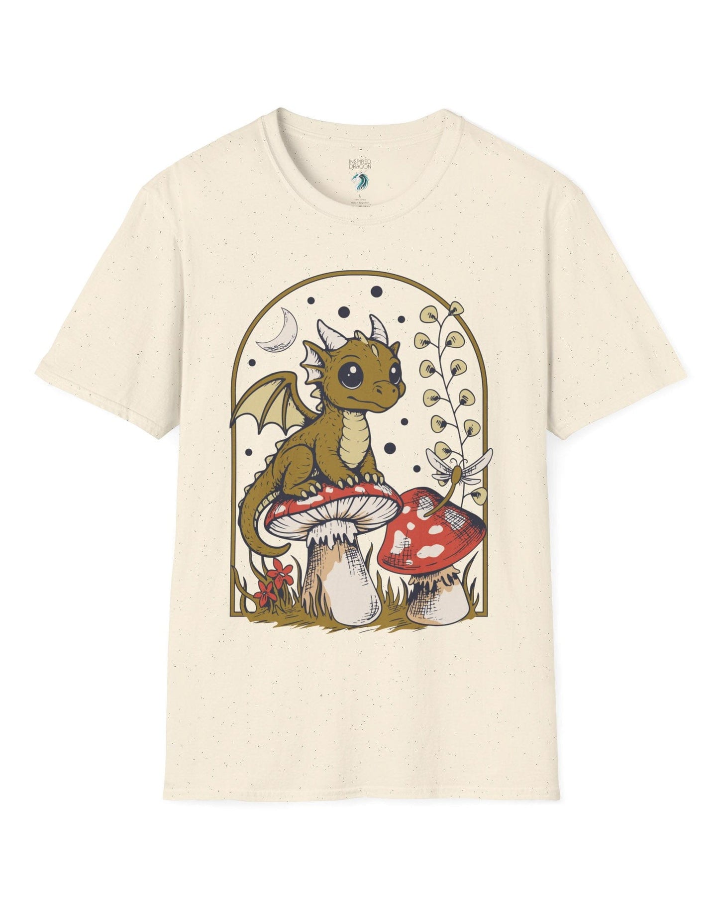 Moonlit Magic shirt in natural featuring a wide-eyed dragon sitting on a mushroom beneath a crescent moon.