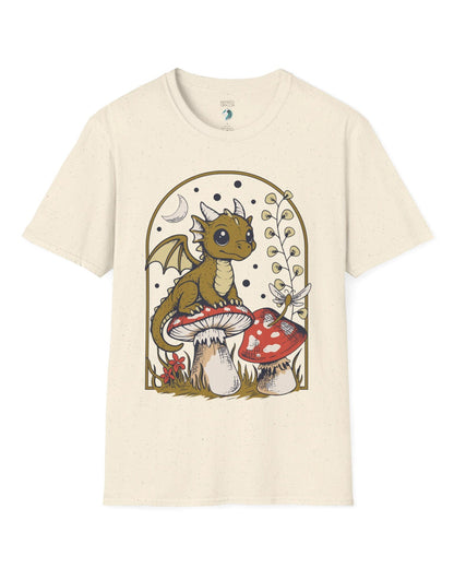 Moonlit Magic shirt in natural featuring a wide-eyed dragon sitting on a mushroom beneath a crescent moon.