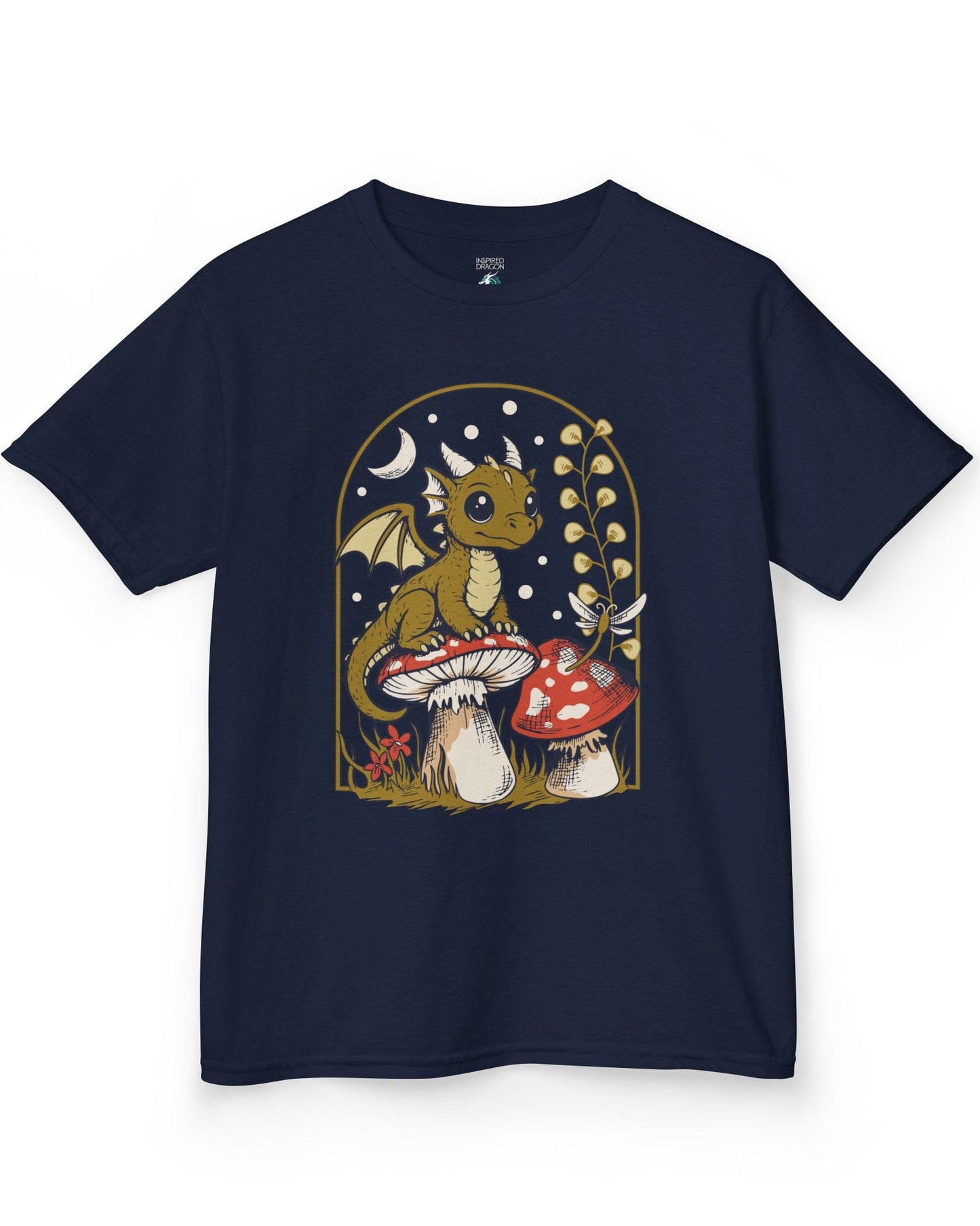 Moonlit Magic shirt in navy featuring a wide-eyed dragon sitting on a mushroom beneath a crescent moon.